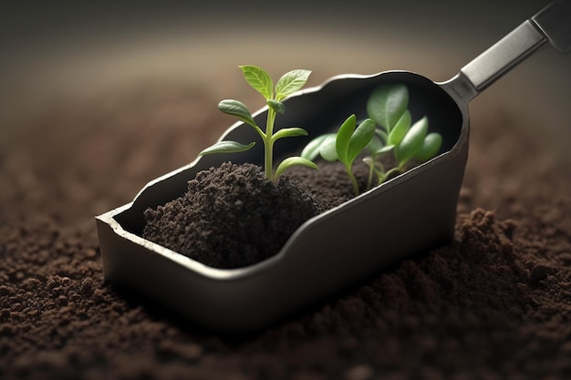 A small plant in a scoop with the word seed in it