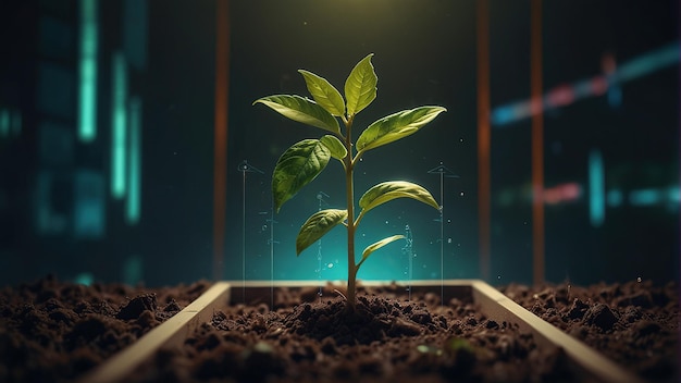 Photo a small plant seedling in a wooden planter growing in soil with a blurry background of digital data