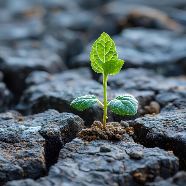 A small plant sphing out of a rocky area