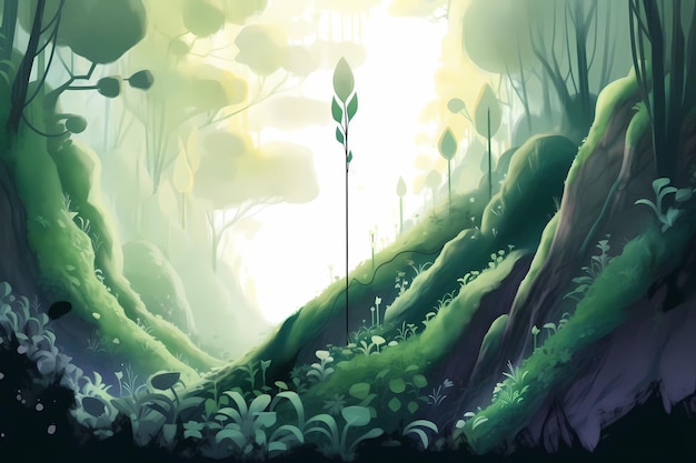 A small plant surrounded by a lush forest Generative AI