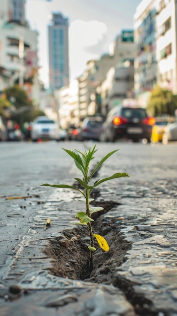 Small plant thriving in sidewalk crevice Urban resilience concept