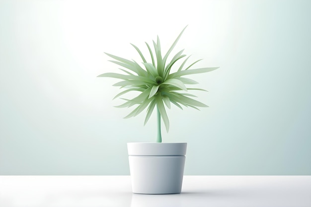 A small plant in a white pot is on a table.