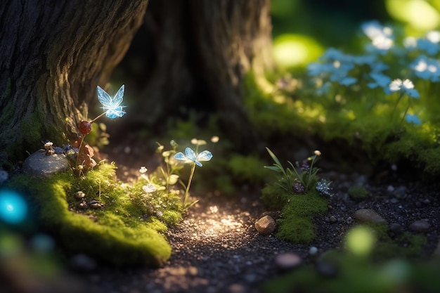 Photo a small plant with blue flowers in the middle of the forest