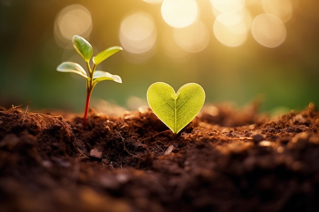 A small plant with a heart shaped leaf on top of it