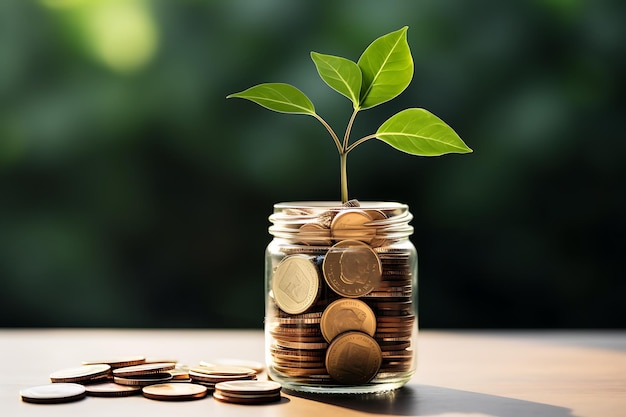 Small plants growing inside a pile of coins Showing a concept of savings and investment