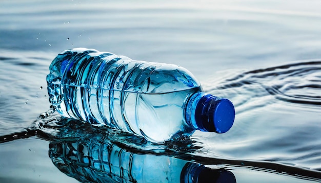 Small plastic bottle on water surface Mineral water