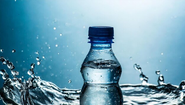 Small plastic bottle with water splash Mineral water