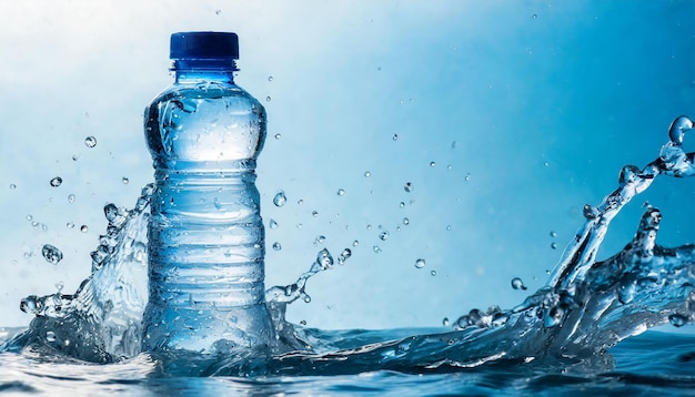 Small plastic bottle with water splash Mineral water