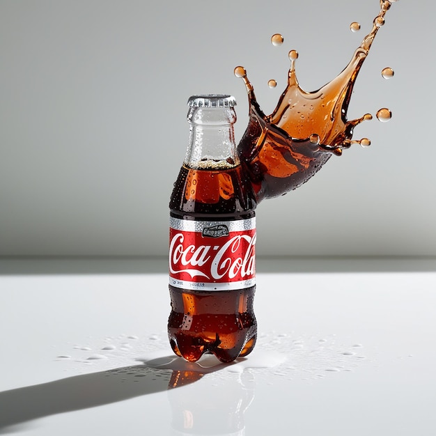 Photo small plastic cola bottle splash on white background