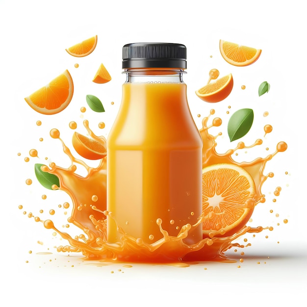 Small plastic orange juice bottle with oragne juice splash isolated on white background