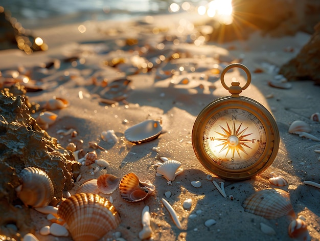 Photo a small pocket watch sits on a beach with shells and seashells