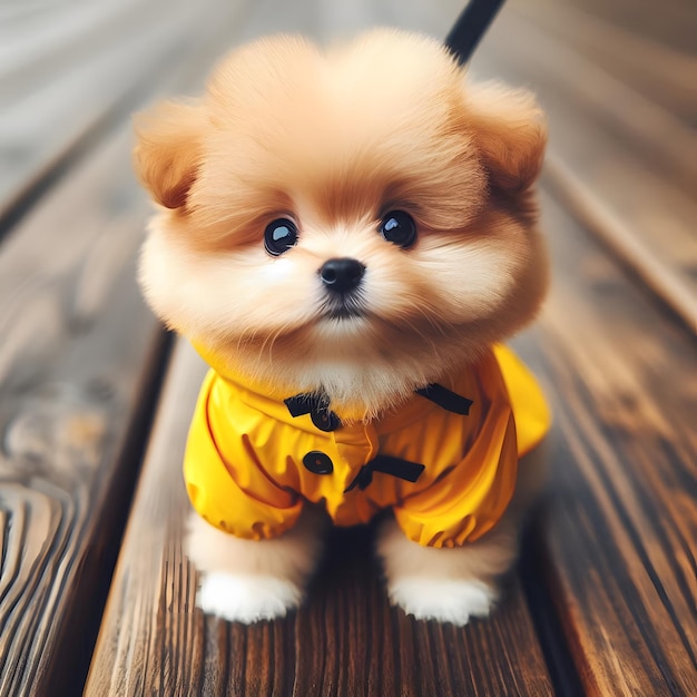 small Pomeranian puppy wearing a bright yellow raincoat with black trim standing on a wooden deck