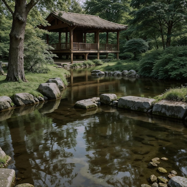 Small Pond and Gazebo in Park Generative AI