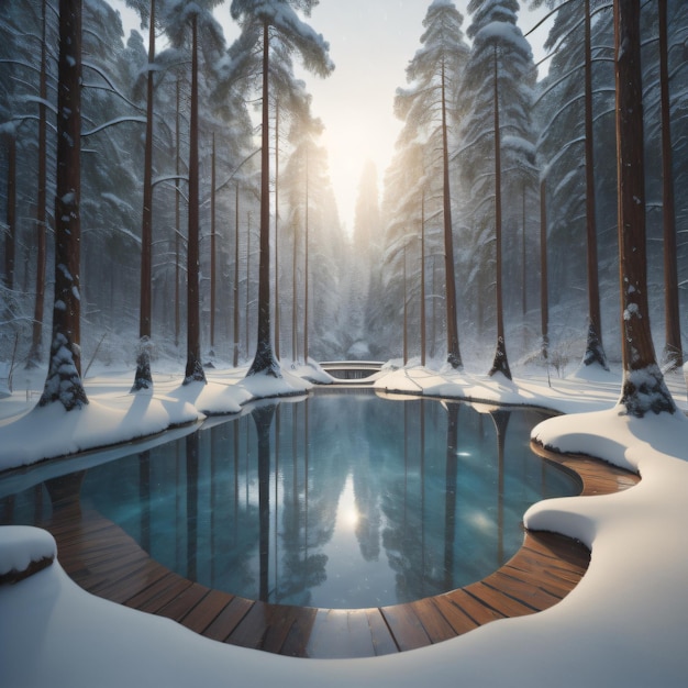 A small pond in a snowy forest with a bridge in the background.