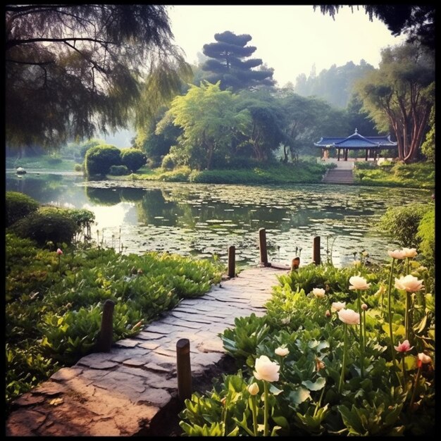 A small pond with a small bridge leading to a small pond with a pagoda in the background.