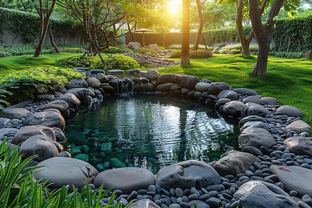 A small pond with a stone wall surrounding it