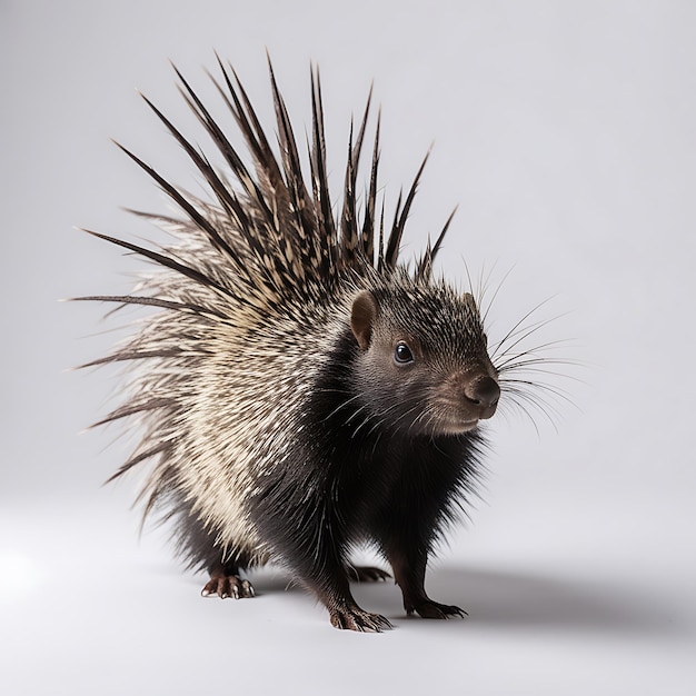 A small porcupine is standing in front of a white 4k background