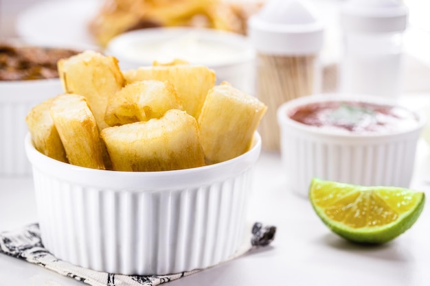 Small portion of fried cassava typical Brazilian food healthy homemade food brazilian restaurant food