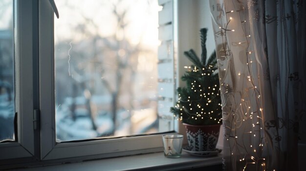 Photo a small potted pine tree adorned with fairy lights sits on a windowsill framed by a soft curtain and a wintry outdoor scene