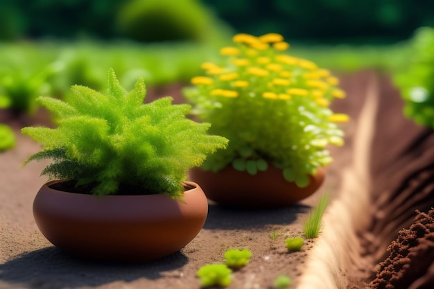 A small potted plant sits on a dirt path in a garden.