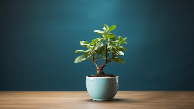 a small potted plant sits on a wooden table