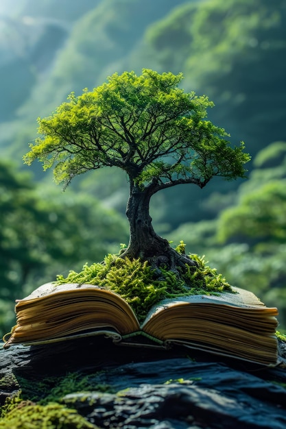 Small potted tree sits atop stack of books with its branches reaching above