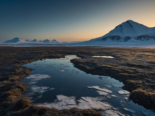 Photo a small puddle of water in a field with mountains in the background