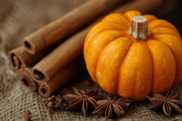 Photo a small pumpkin surrounded by cinnamon sticks and star anise on a textured background