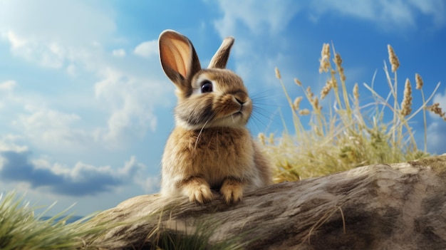 Small Rabbit Resting On Rock With Blue Sky Background