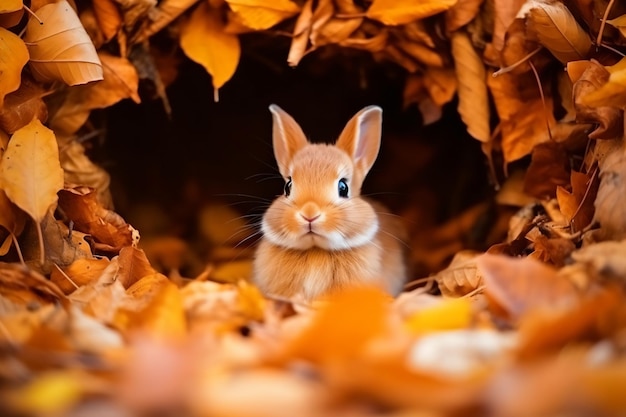 a small rabbit sitting in a pile of leaves