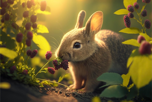 Small rabbit sitting on top of a lush green field generative ai