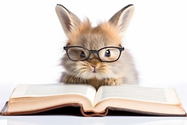 a small rabbit wearing glasses sitting on top of a book