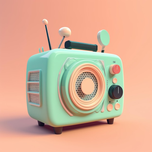 A small radio with a blue and green body and red buttons.