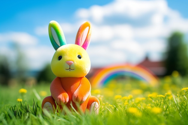 Small rainbow toy rabbit sitting on the green lawn on a summer day against the backdrop