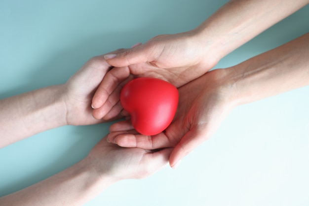 Small red heart lies in hands of two people