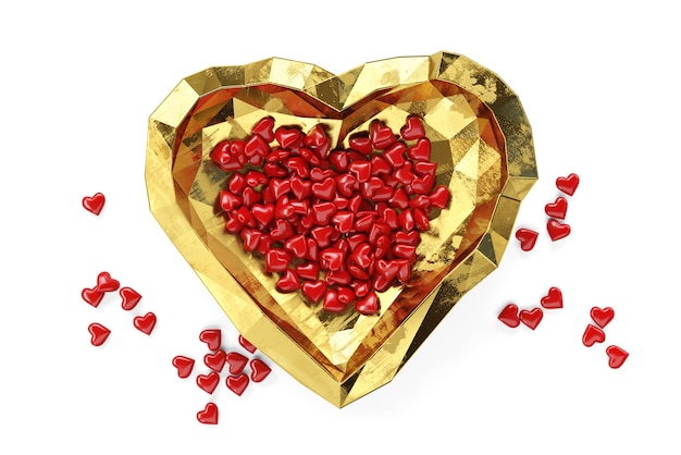 Small red hearts lie on golden plate, valentine's day theme, 3d