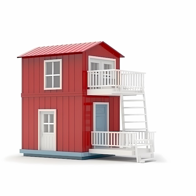 A small red house with a staircase on the side.