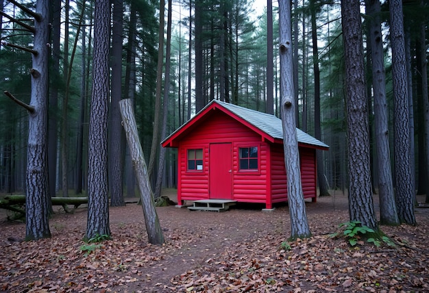 Photo a small red house in the woods with a green roof