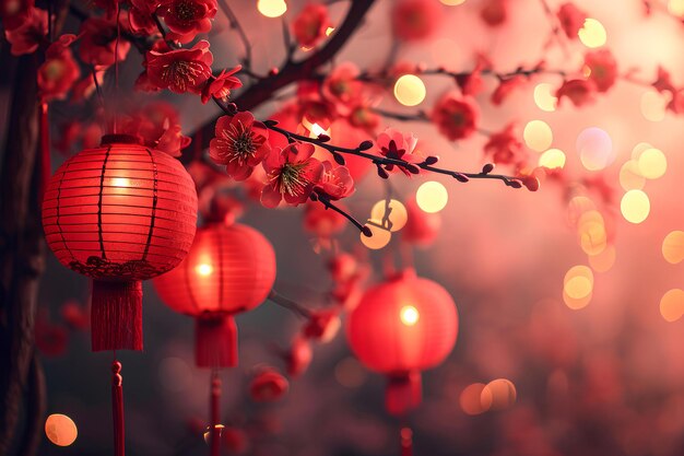 Small red lanterns hung from branches with blossoms