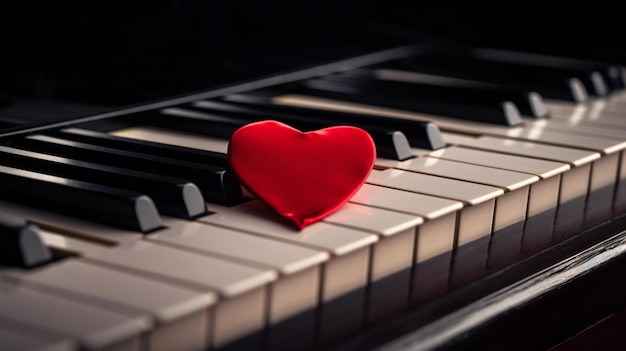 Small red paper heart on piano keys abstract love