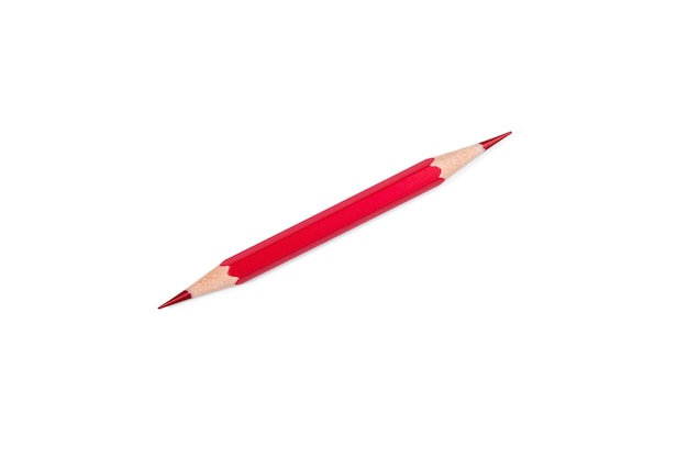 Small red pencil sharpened on both sides, isolated on white background