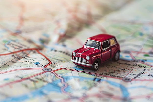 A small red toy car placed on a detailed map representing travel adventure and route planning for a road trip