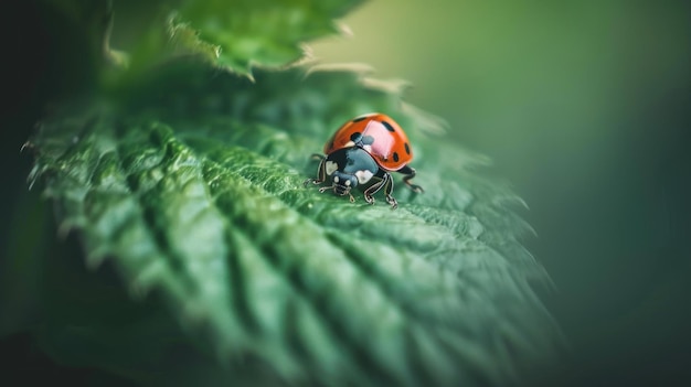 Small redorange ladybug on a green leaf