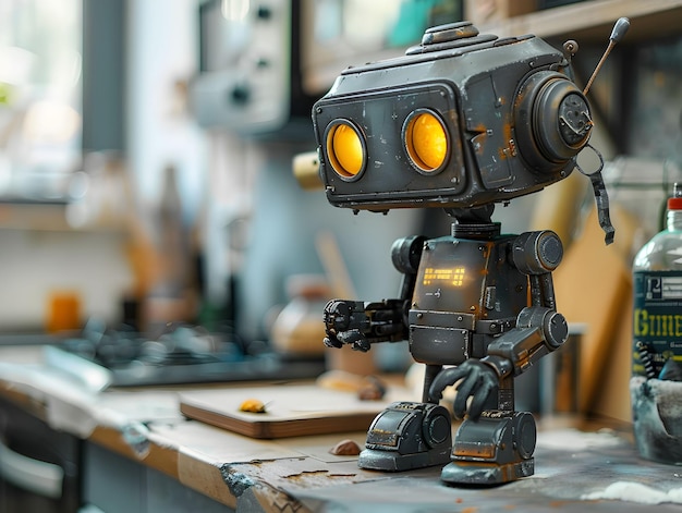 Photo a small retro robot with glowing eyes stands on a kitchen counter in a cozy workshop setting