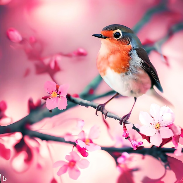 Small robin bird on pink spring white flowers in a tree Generative AI