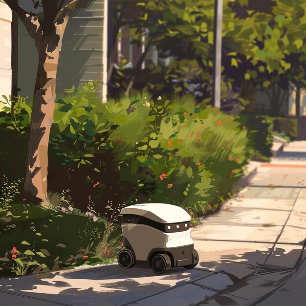 a small robot is driving down a sidewalk in front of a house