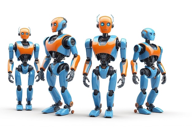 Small robots with human face and body humanoid Artificial Intelligence AI Orange and blue robots isolated on white background