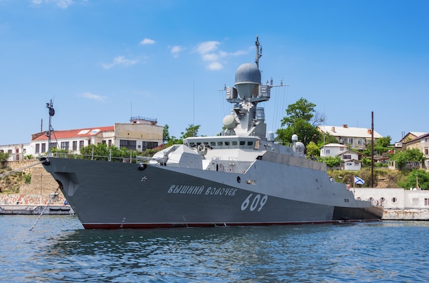 small rocket ship Vyshny Volochek anchored in Sevastopol Bay