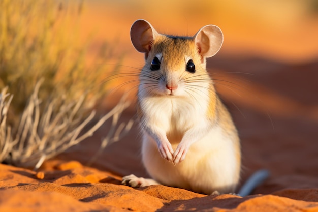 a small rodent sitting on a sandy surface