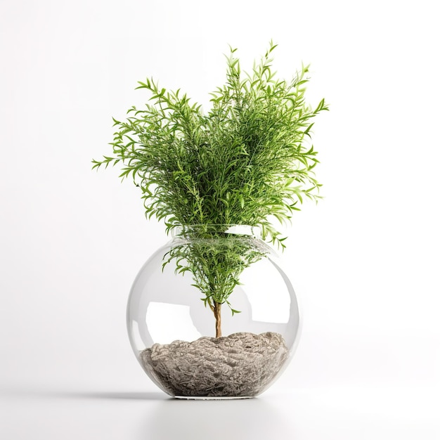 A small round glass bowl with a plant in it.